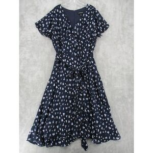 Lane Bryant Dress Womens 18 Navy Blue Floral Faux Wrap Midi Boho Tie Waist Flowy